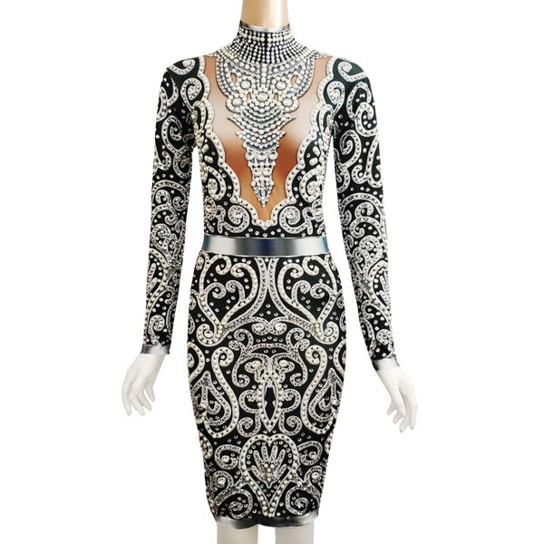 

2019 new rhinestones pearl dress women birthday prom celebration one piece dress nightclub singer host luxurious stage costume, Black;gray