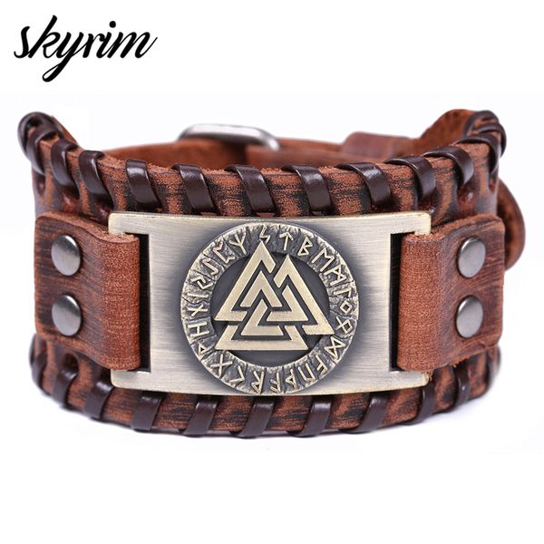 

skyrim viking valknut 24 nordic runes wide leather bracelet amulet adjustable vintage slavic norway men jewelry wristband bangle, Black