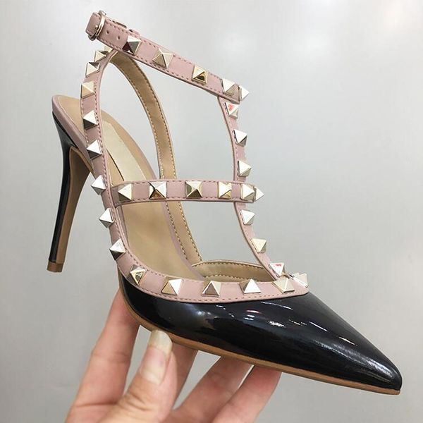 

2019 black Patent leather spikes women lady fashion Slingback Design Rivets Pumps Sexy Pointed Toe High Heels Sandals Leather Woman Shoes