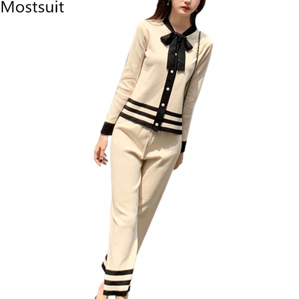 

ins style vintage elegant knitted two piece pants set outfits women bow colloar and wide leg pants suits ladies fashion set, White