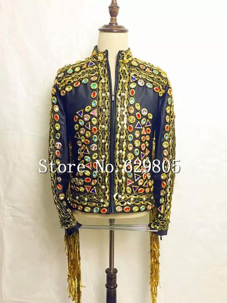

fashion design vintage baroque rhinestones leather jacket tassel sequins blazer male singer outfit wear stage stones costume, White;black