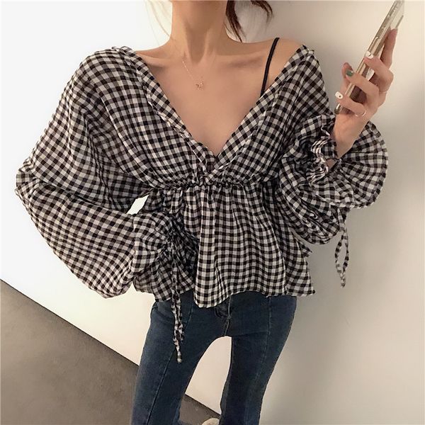 

v-neck plaid vintage style chic women's clothing blouses spring slim fit shirts korean woman blusas mujer de moda new, White