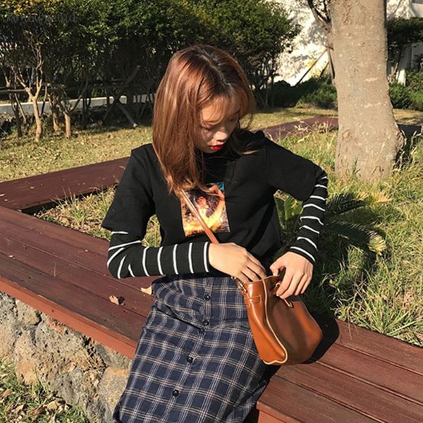 

футболка полосатой поддельной моды женщина harajuku с длинным рукавом женская модной женской корейской новая двухкусочный t женщина топы сту, White