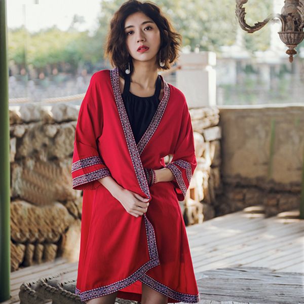 

fashion womens red geometric embroidery ethnic shirt cardigan summer sunscreen kimono blouses retro beach cardigan shirt women, White