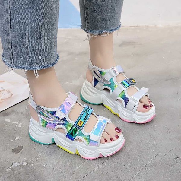 

colorful mesh open toe sport sandals women rainbow sole summer shoes women casual cool hollow platform wedge sandals 2020, Black