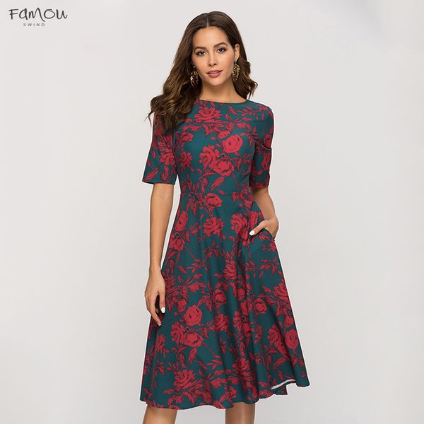 

Classic Printing Elegant A-Line Dress For Women 2019 Vintage Slim Party Vestidos Women Casual Spring Summer Dress