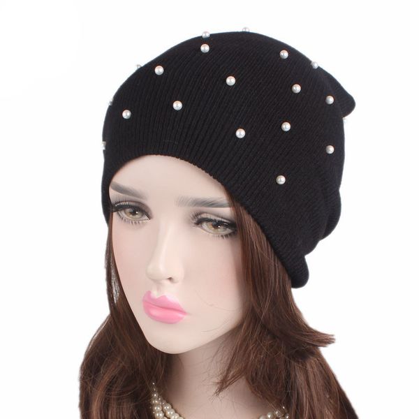 

muslim women pearl bead winter warm ski wool knit turban hat beanie sleep chemo headwear cancer patients hair accessories