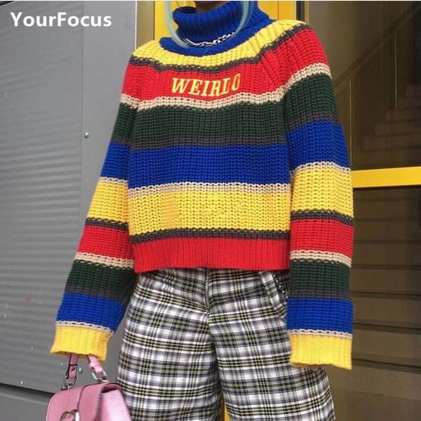 

fall kawaii rainbow multicolored striped turtleneck pull femme sweter embroidery knitted loose short crop sweater women, White;black