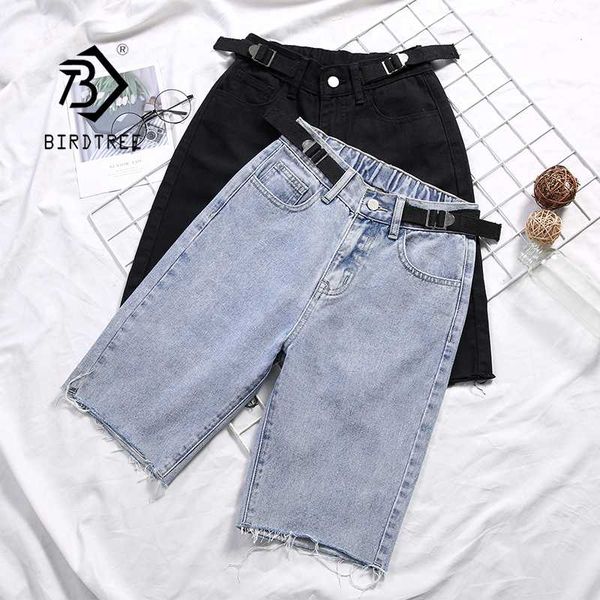 

women summer ripped skinny vintage bicycle jeans high waist denim streetwear knee length thin straight pants biker shorts b07705, Blue