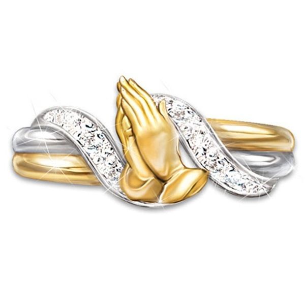 

delicate 14k gold-plated prayer hand zircon ring blessing family and friends prayer charm gift, Silver