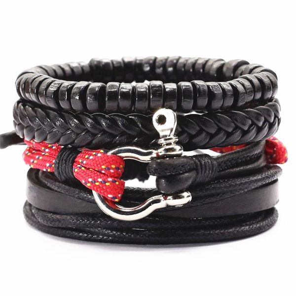 

male fashion black handmade khaki new punk 4 pcs/set vintage wood beads leather bracelets men bracelets women jewelry, Golden;silver