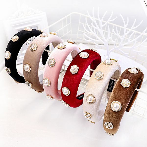 

thick sponge hairband black velvet headband black pink red unique hair accessories for women rhinestone pearl elastic hair band