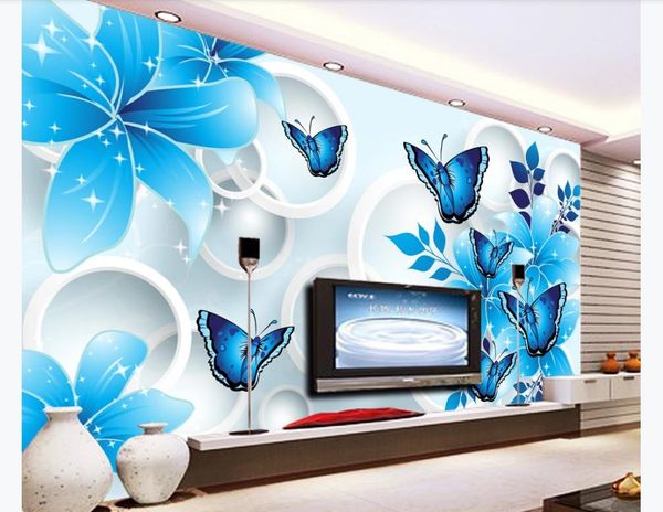 Personalizado 3d mural papel de parede foto papel de parede lírio azul borboleta círculo 3D TV sofá fundo mural papel de parede para paredes 3d