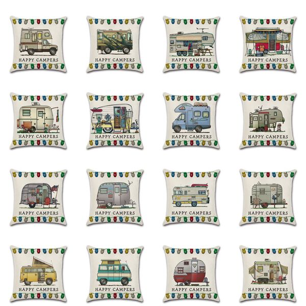 

2019 new cartoon camper car rv dining car series happy campers linen pillowcase home decoration sofa cushion cover seat cushion