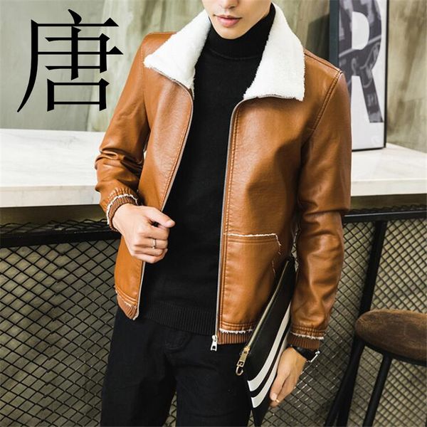 

fur-in-one locomotive leather jacket fall and winter 2019 new size 4xl black wine brown pu leather jacket with velvet