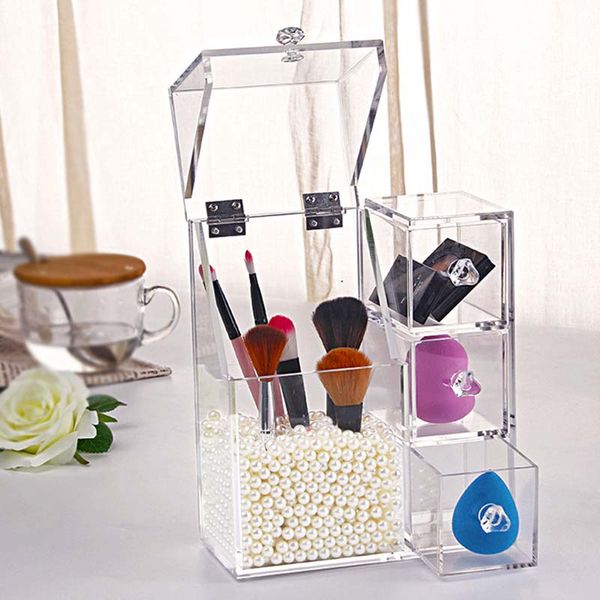 

hunyoo acrylic clear transparent makeup brush storage box with cover plastic makeup organizer cosmetic tool holder rack pearl