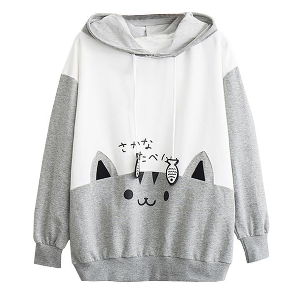 

2019 winter new fashion women pullover long sleeve kitty cat print pocket thin hoodie casual long sleeve hooded pullover ##, Black