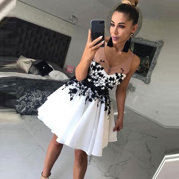 

arabic v neck a line white homecoming dress with black appliques sleeveless satin ruched short cocktail party dresses, Blue;pink