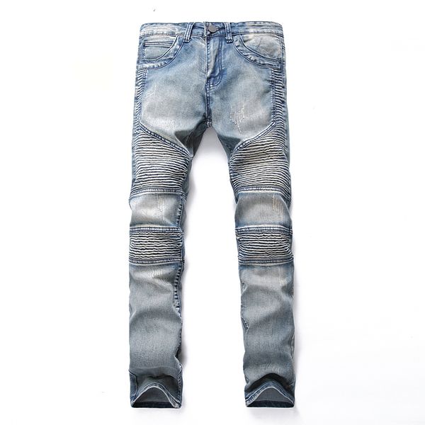 

light blue denim trousers destroyed jeans long male dropshipping men jeans pants pleated slim motorcycle pants full length