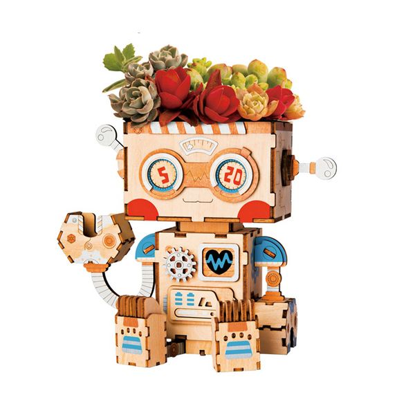

robotime 3d wooden robot puzzle game creative flower pot storage box penholder models building kits toy for children ft761