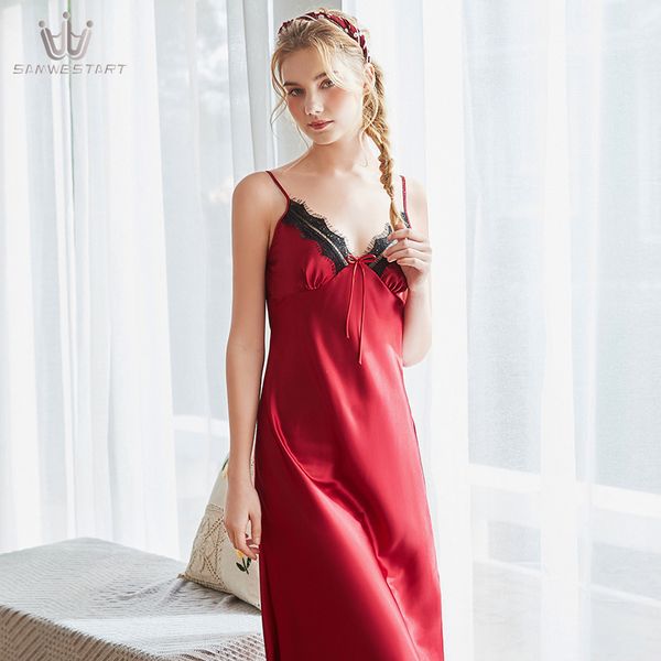 

stain silk women summer long-slip nightdress tracksuit wholesale dropship nightgowns sleepshirt femme, Black;red
