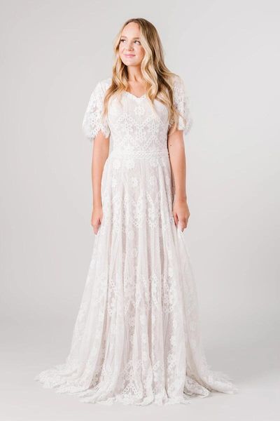 

new arrival vintage lace a-line boho modest wedding dresses with flutter sleeves pink lining ivory lace modern conservative bridal gowns, White