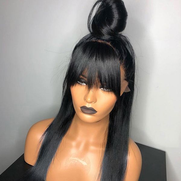 Cute 250 Density 13x6 Lace Frontal Wigs With Bangs Straight Lace