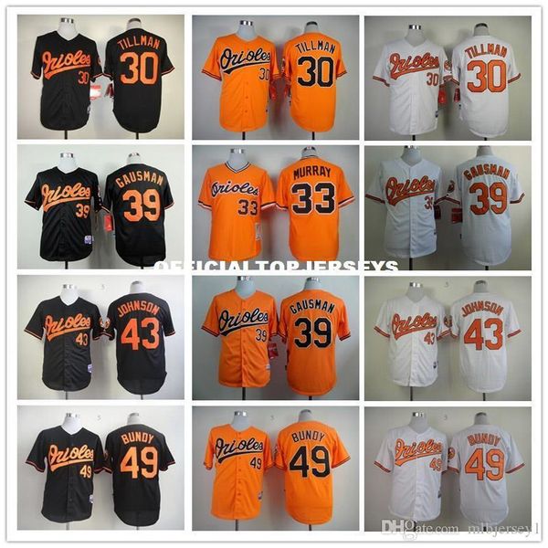 

men 30 tillman 33 murray 39 gausman 43 johnson 49 bundy baseball jersey new color white black gray blue, Black;blue