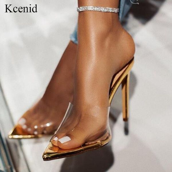 

kcenid fashion pvc transparent women's slippers summer shoes high heels gold slippers women outdoor party women mules slide t200618, Black