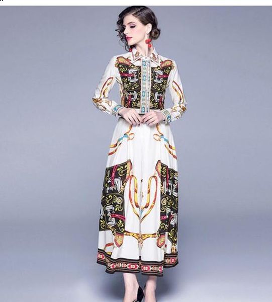 

women's lapel new fashion elegant long sleeve printed large swing dress, Black;gray