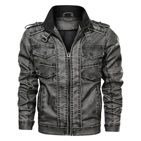 

men's autumn winter vintage zipper stand collar imitation jacket leather coat outerwear faux leather stand collar zipper pockets, Black