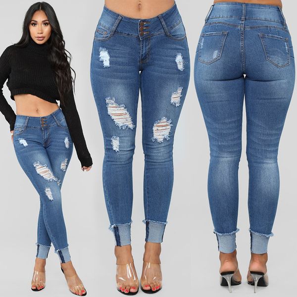 

wish europe and america online celebrity selling high-waisted foreign trade jeans slim fit pencil skinny wom, Blue