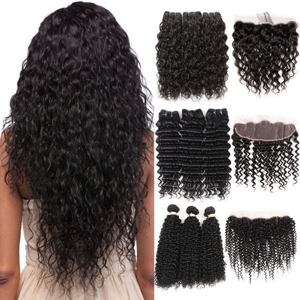 

8A Mink Brazilian Virgin Hair Deep Wave 3 Bundles with Frontal Natural Color Top Lace Frontal Closure with Baby Hair Water Wave Kinky Curly