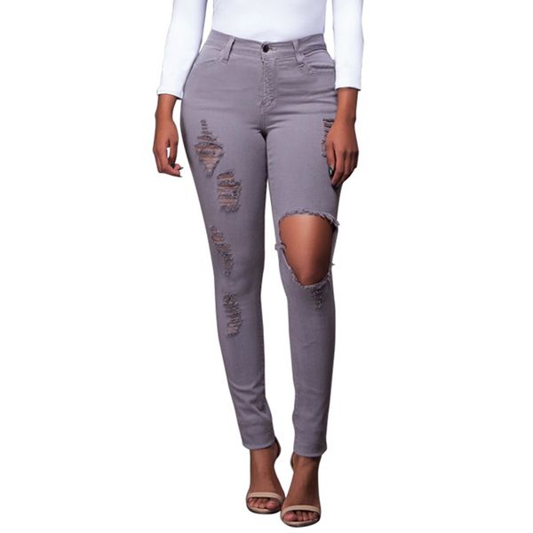 

ripped hole jeans for women high waist woman elastic plus size women jeans femme washed casual skinny pencil pants 5 colors, Blue