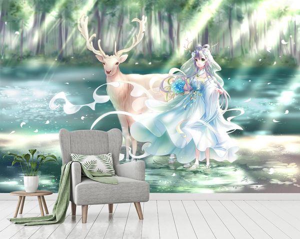 

self-adhesive] 3d girl and deer 12123 japan anime wall paper mural wall print decal murals