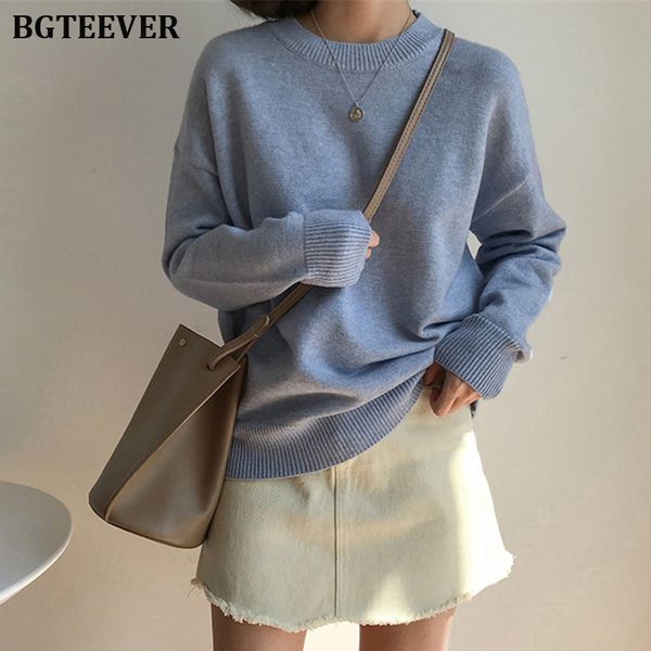

bgteever basic o-neck knitted jumpers for women sweater casual loose long sleeve winter sweater female pullovers streetwear, White;black