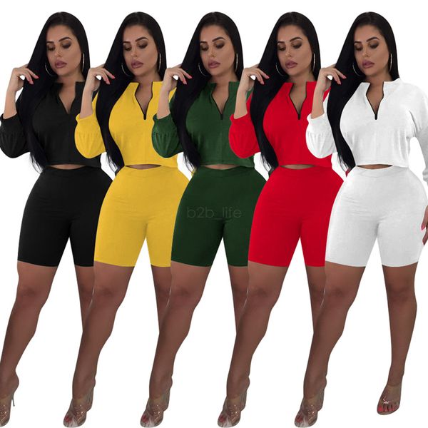 

women zipper v-neck solid tracksuit crop + shorts 2 piece set short sleeves suit outfits sportswear ljja2332, Gray