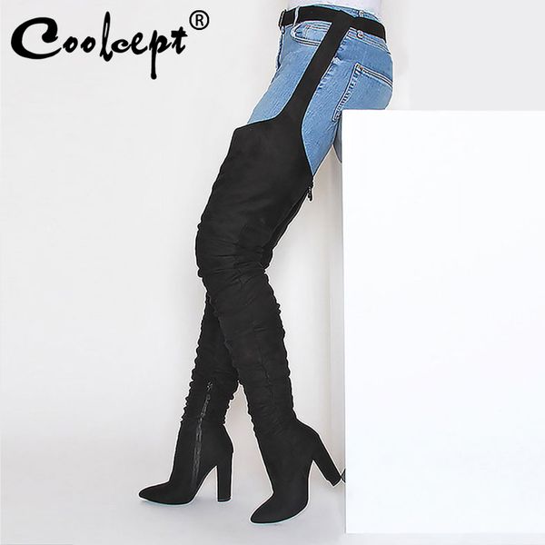 

coolcept women over the knee thigh high long boots lady fashion waist belt thick high heels pointed toe boots size 36-41, Black