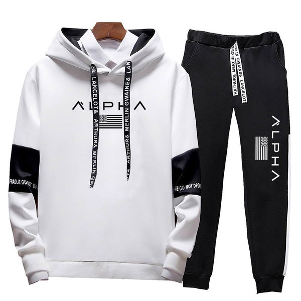 

2019 spring running sets men running set print patchwork sport jogging 2pcs tracksuit sportwear hoodies sweatshirt pants, Black;blue