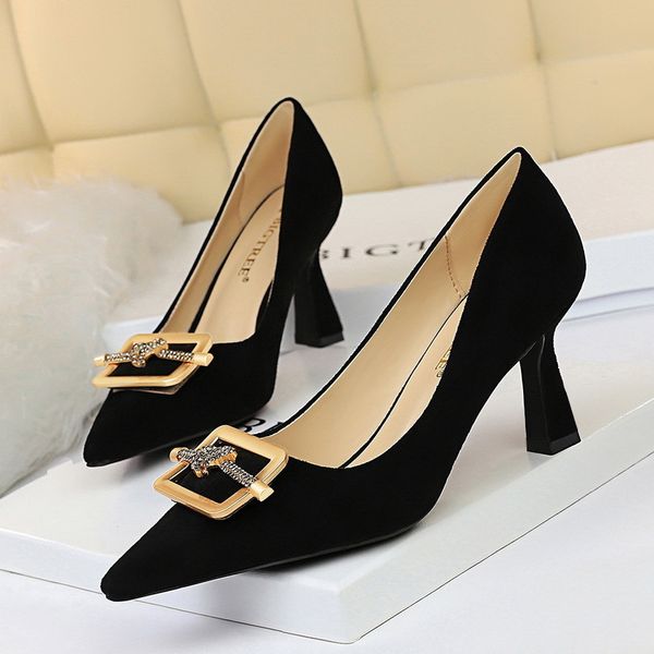 

european and american-style fashion evening shoes high-heel suede shallow mouth pointed-toe rhinestone quartet mouth shoes, Black