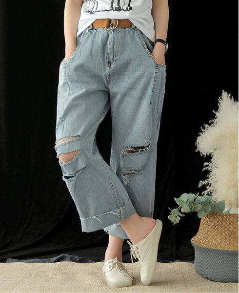 

summer jeans fashion women loose sashes denim trousers new casual pocket hole long ladies vintage denim pants 2019, Blue