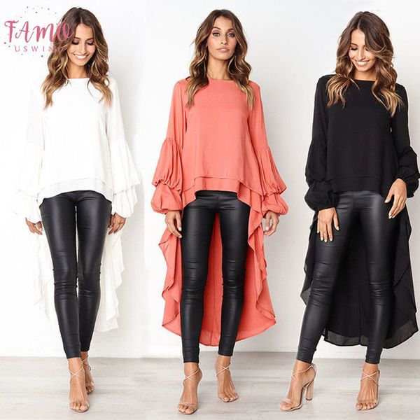 

women long bell sleeve ruffles blouses asymmetrical hem loose casual chiffon shirt blouse autumn plus size, White