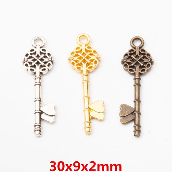 

50pcs 30*9mm tibetan vintage silver gold heart key charms antique bronze key pendants for bracelet earring diy jewelry making, Bronze;silver