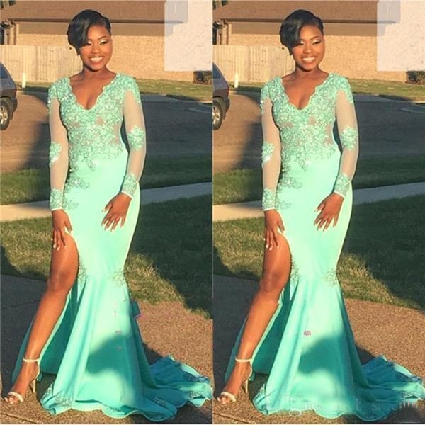 

mermaid african prom dresses for black girl v neck mint green lace long sleeves prom dress high split evening gowns