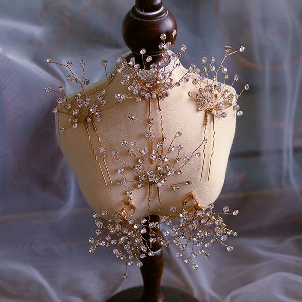 

6 pics handmade leaves brides hairpins with earring wedding hair sticks european prom hair accessory, White;golden