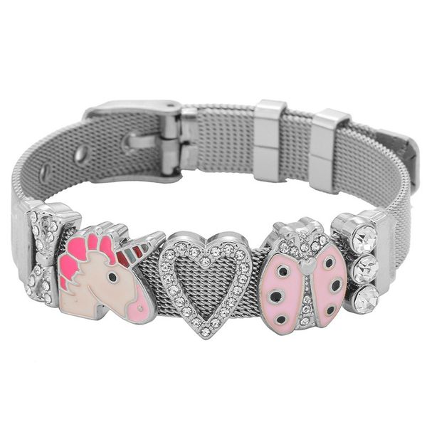 

new design stainless steel keeper mesh bracelet set with crystal heart unicorn charms fine bracelets as women gift, Golden;silver