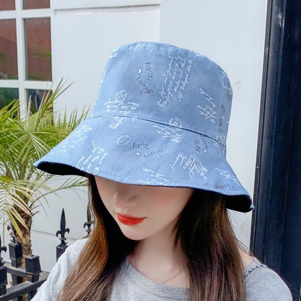 

harajuku fisherman hat women spring summer sunshade hat man print flat bucket hats head outdoor bucket caps cotton new, Blue;gray