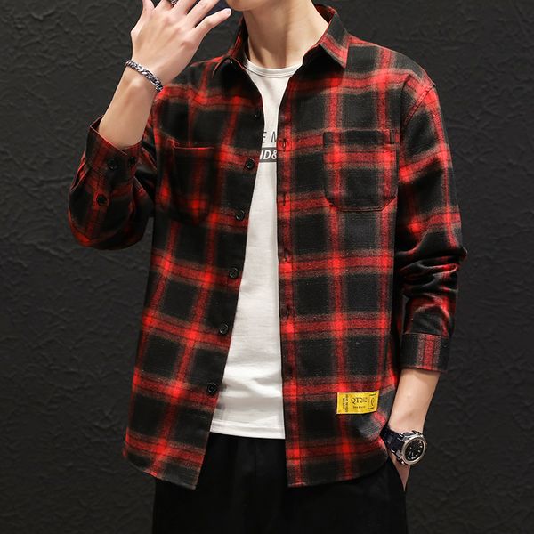 

classical plaid shirt men trendy streetwear man clothing casual long sleeve shirts pockets patch design checkered shirts male, White;black