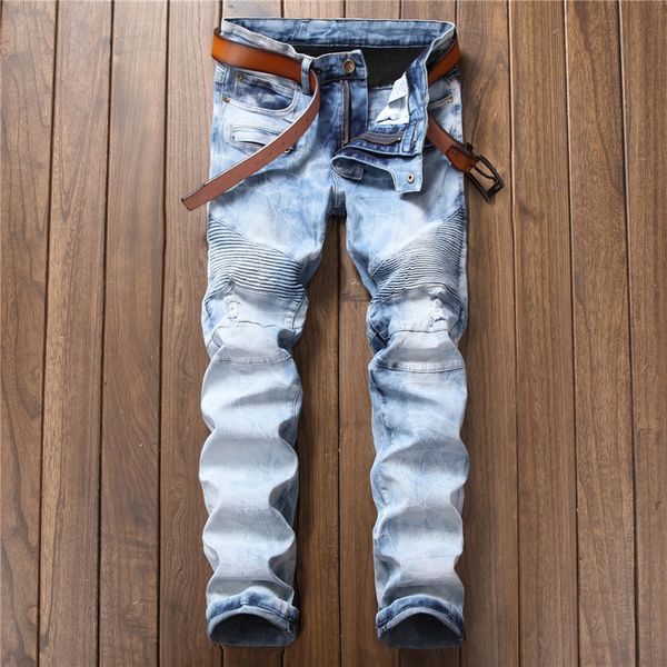 

men jeans denim bleached pleated straight spliced pockets male cowboy pants stretch casual solid color, Blue