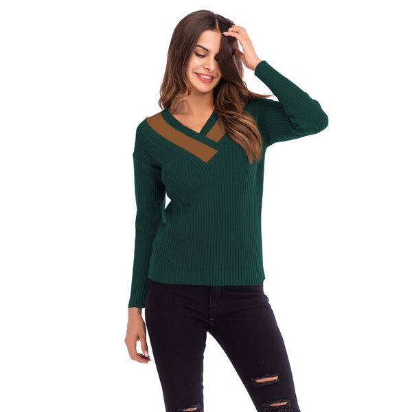 

jaycosin clothes fashion autumn winter women long sleeve colorblock v neck knitted sweater ladies casual knitted pullover top, White;black